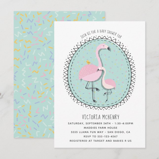 Invitation de Baby shower de Flamant rose à main (Devant / Derrière)