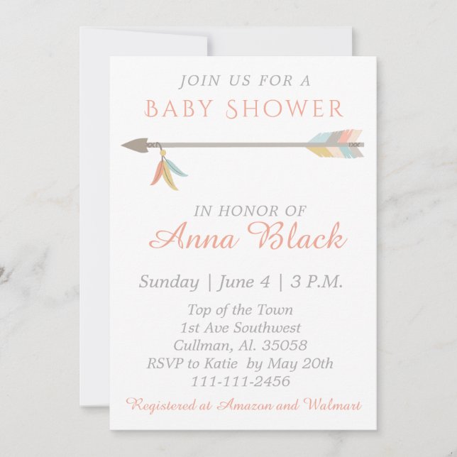 Invitation de baby shower de flèche et de plume (Devant)