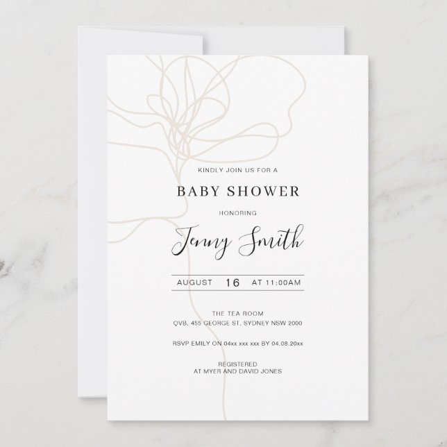 Invitation de baby shower de fleurs d'art à la lig (Devant)