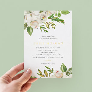Invitation de Baby shower de fleurs dorées