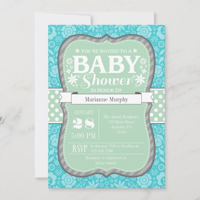 Invitation de Baby shower de fleurs Turquoise de M (Devant)