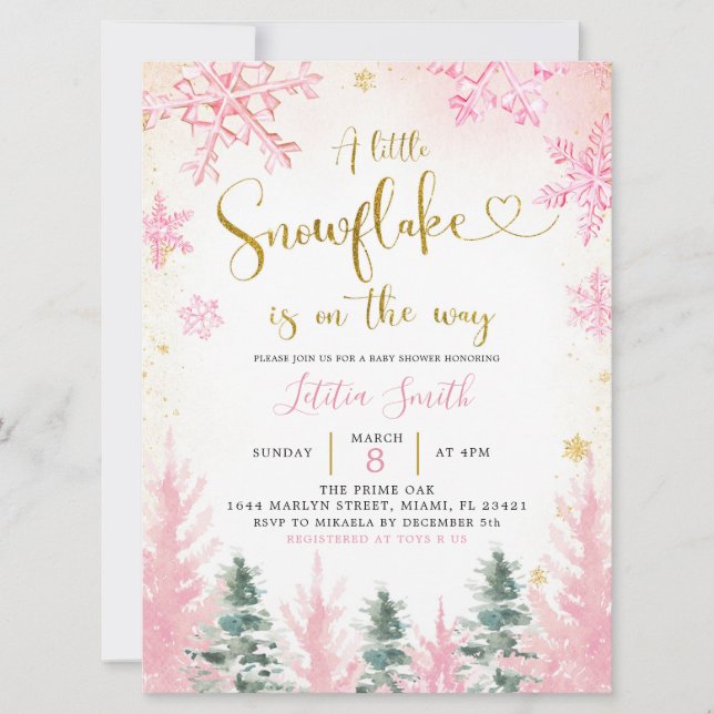 Invitation de Baby shower de flocon de neige rose  (Devant)