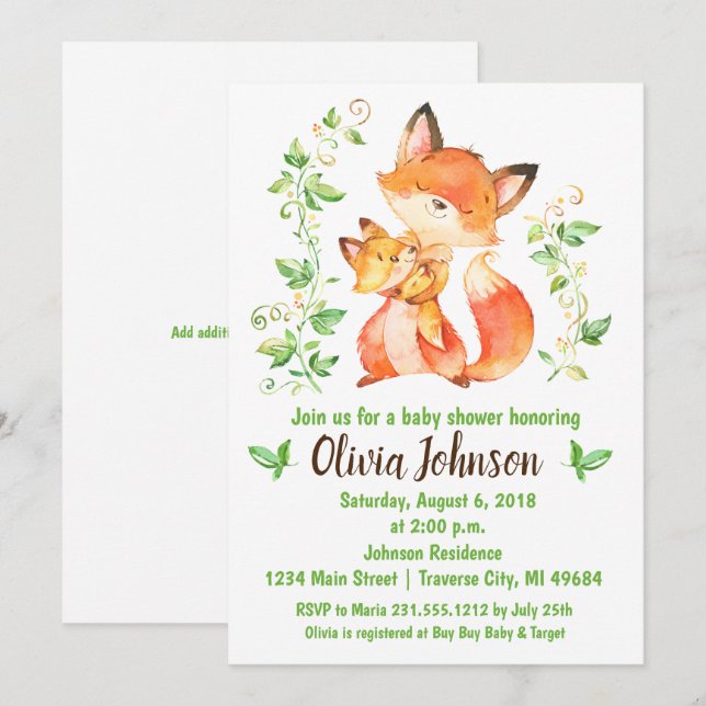 Invitation de baby shower de Fox de région boisée (Devant / Derrière)