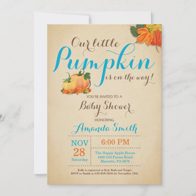 Invitation de Baby shower de garçon Citrouille d'a (Devant)