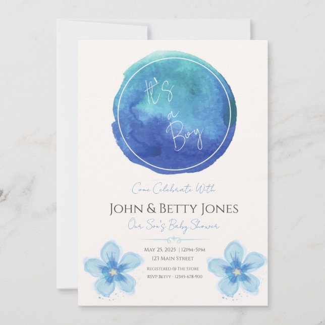 Invitation de Baby shower de garçon d'aquarelle pe (Devant)