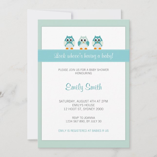 Invitation de baby shower de garçon de hibou (Devant)