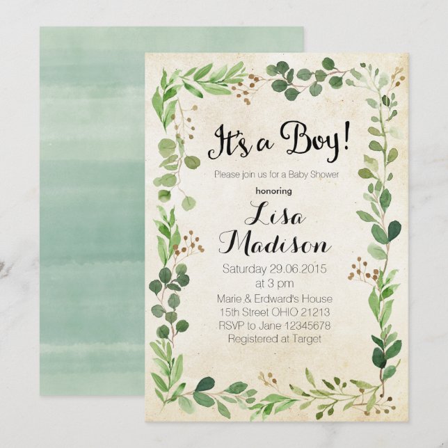 Invitation de baby shower de garçon de verdure (Devant / Derrière)