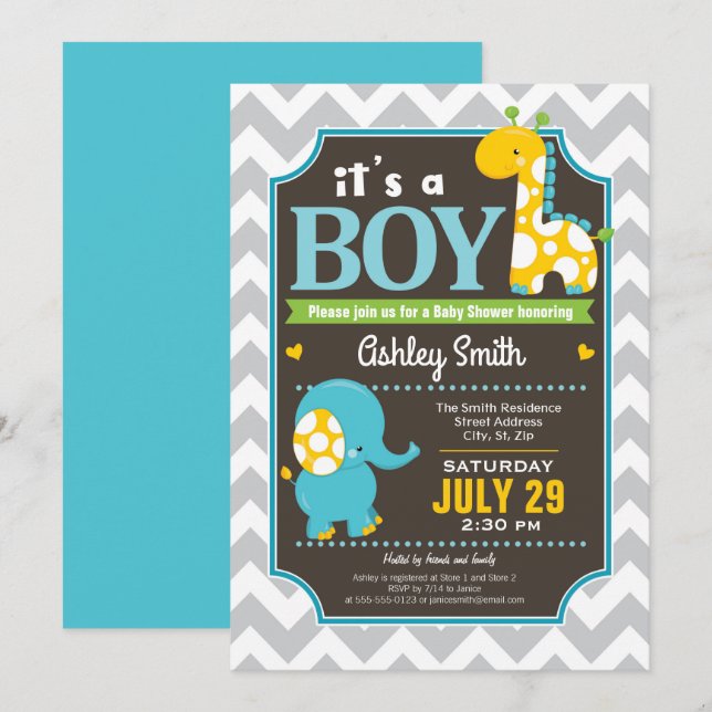 Invitation de Baby shower de garçon Elephant et Gi (Devant / Derrière)
