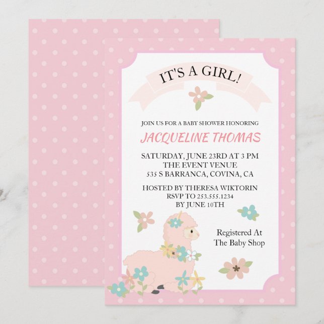 Invitation de Baby shower de Girl Llama (Devant / Derrière)