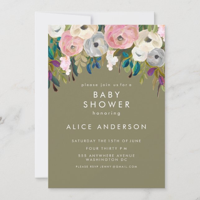 Invitation de Baby shower de jardin fleuri peint (Devant)