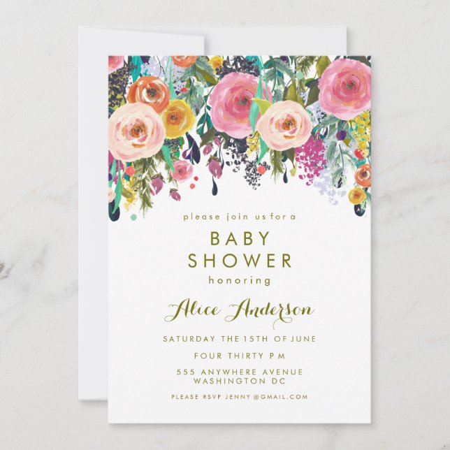 Invitation de Baby shower de jardin fleuri peint (Devant)