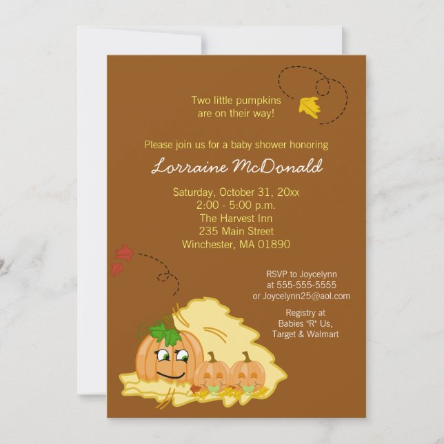 Invitation de Baby shower de jumeaux citrouilles ( (Devant)