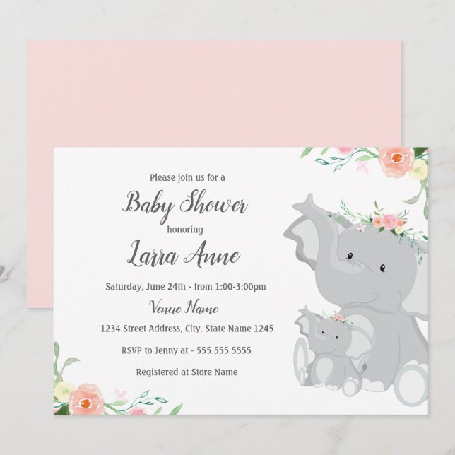 Invitation de Baby shower de la fille Baby Elephan (Devant / Derrière)