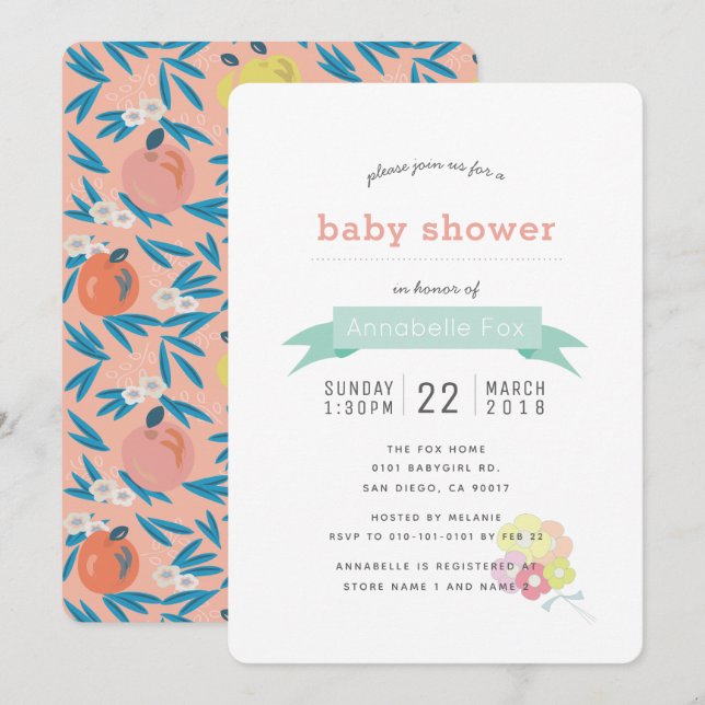 Invitation de Baby shower de la Marine rose floral (Devant / Derrière)