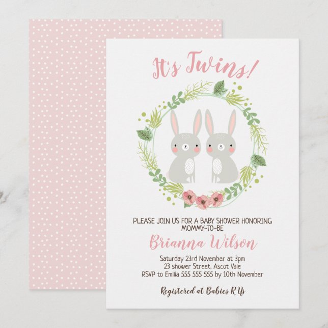 Invitation de baby shower de lapin de jumelles de (Devant / Derrière)