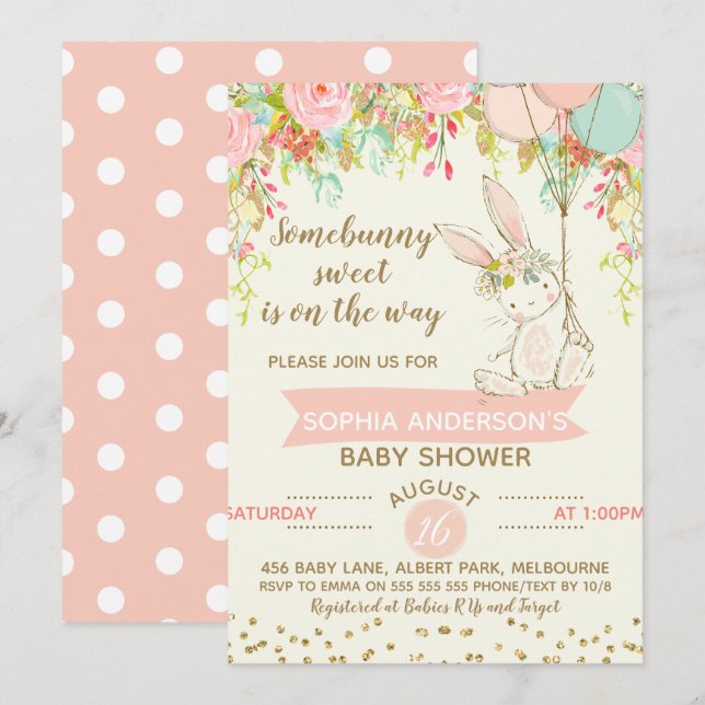 Invitation de Baby shower de lapin sucré (Devant / Derrière)