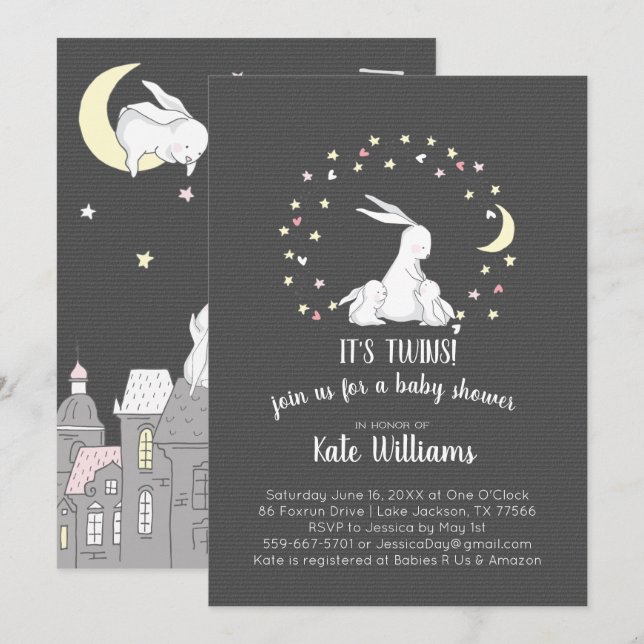 Invitation de Baby shower de lapin Twins (Devant / Derrière)