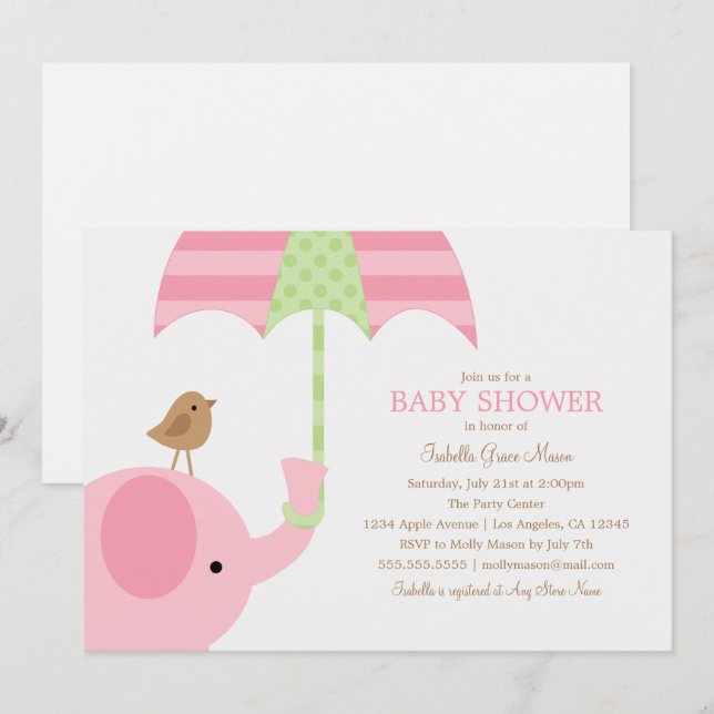 Invitation de baby shower de l'éléphant de roses (Devant / Derrière)