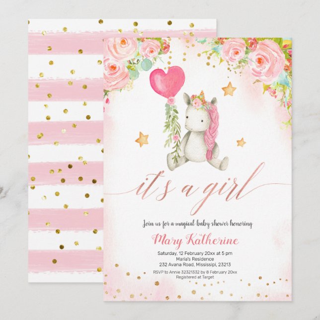Invitation de baby shower de licorne rose magique (Devant / Derrière)