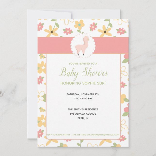 Invitation de Baby shower de Llama rose personnali (Devant)