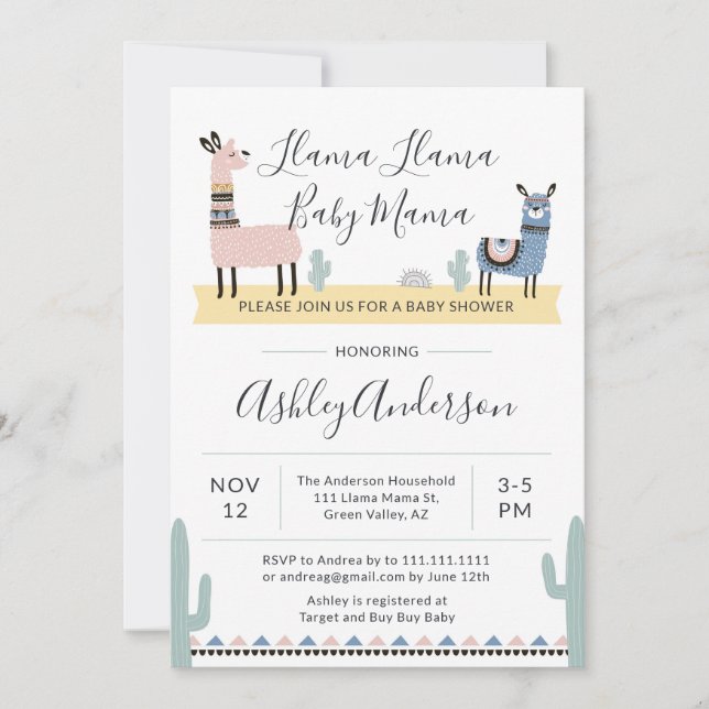 Invitation de baby shower de maman Alpaca de lama (Devant)