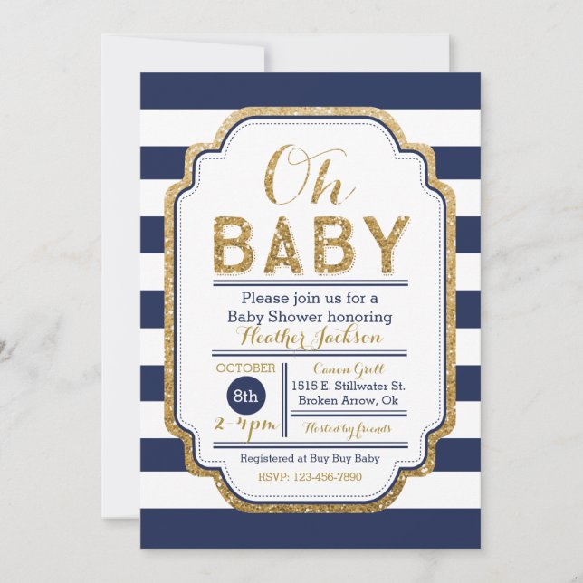 Invitation de baby shower de marine et d'or, bébé (Devant)