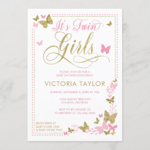 Invitation de baby shower de papillon, rose, or