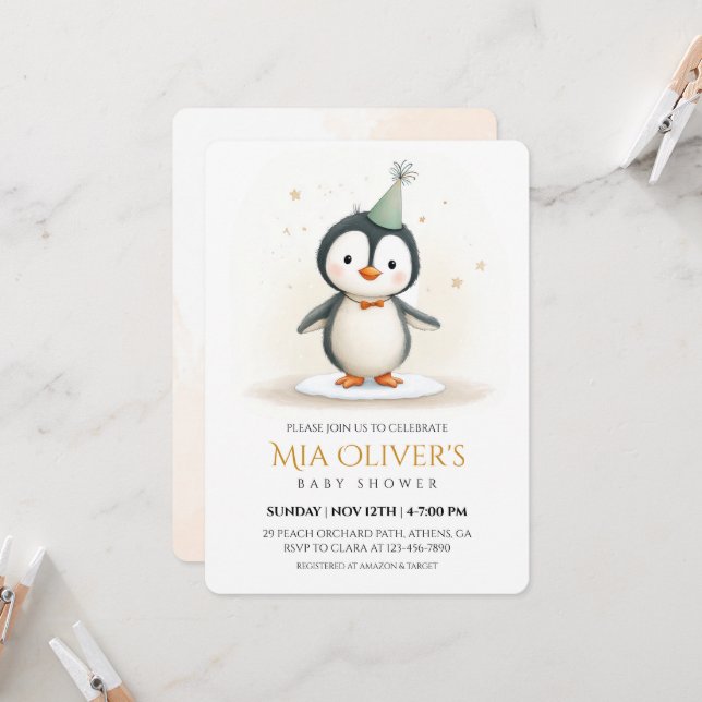 Invitation de Baby shower de pingouin (Devant/Arrière en situation)