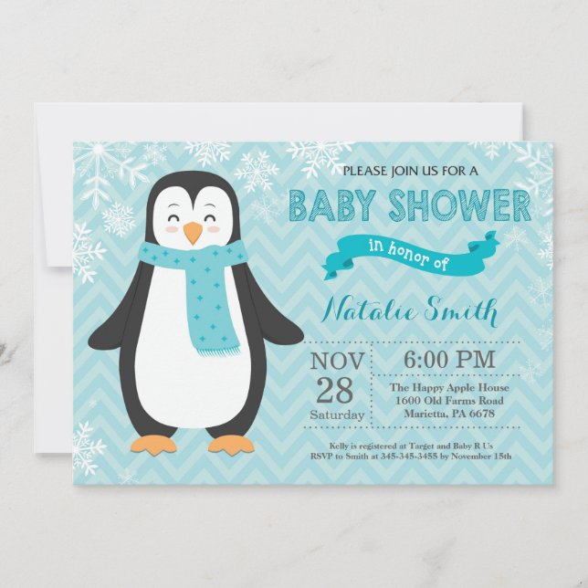 Invitation de baby shower de pingouin d'Aqua (Devant)
