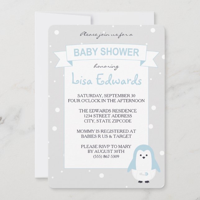 Invitation de baby shower de pingouin de bleus (Devant)