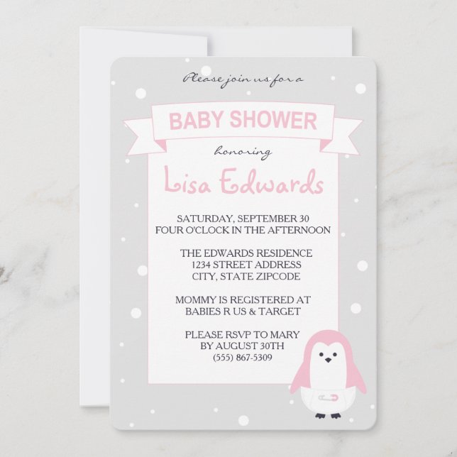 Invitation de baby shower de pingouin de roses (Devant)