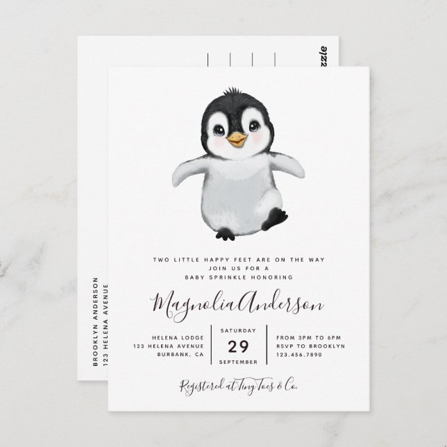 Invitation de Baby shower de pingouin mignon (Devant / Derrière)