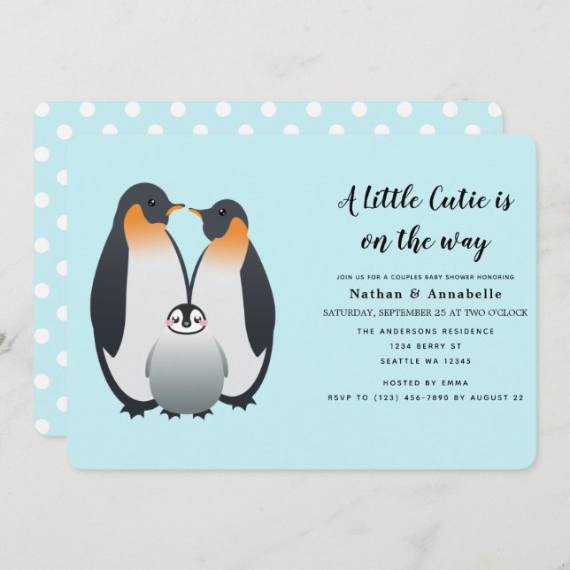Invitation de Baby shower de pingouin mignon (Devant / Derrière)
