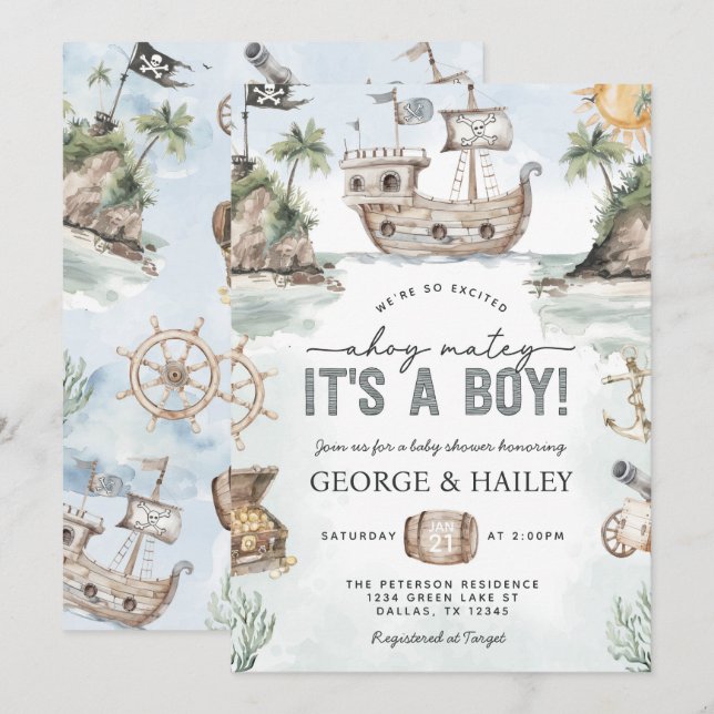 Invitation de Baby shower de pirate nautique (Devant / Derrière)
