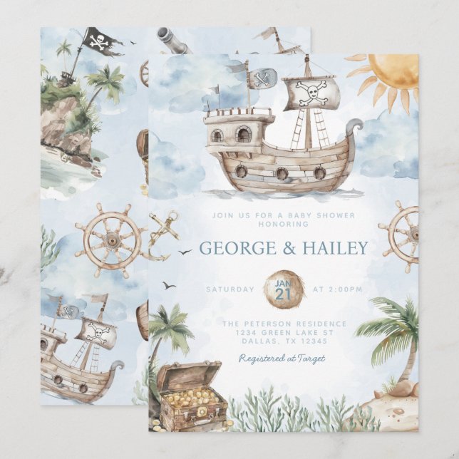 Invitation de Baby shower de pirate nautique (Devant / Derrière)