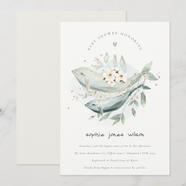 Invitation de Baby shower de poisson de baleine fl (Devant / Derrière)