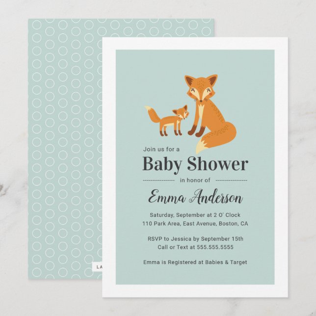 Invitation de Baby shower de renard boisé mou - Ga (Devant / Derrière)