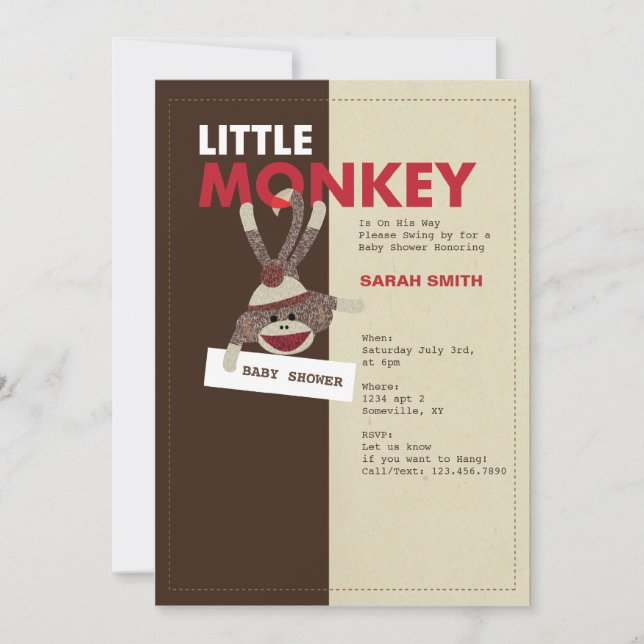 Invitation de baby shower de singe de chaussette (Devant)