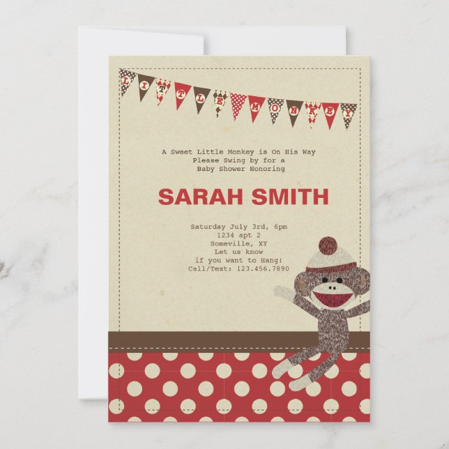 Invitation de baby shower de singe de chaussette (Devant)