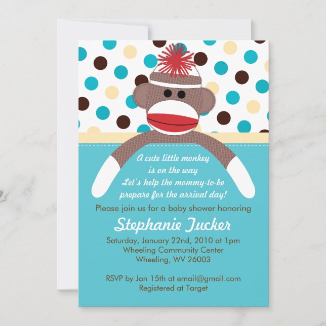 Invitation de baby shower de singe de chaussette (Devant)