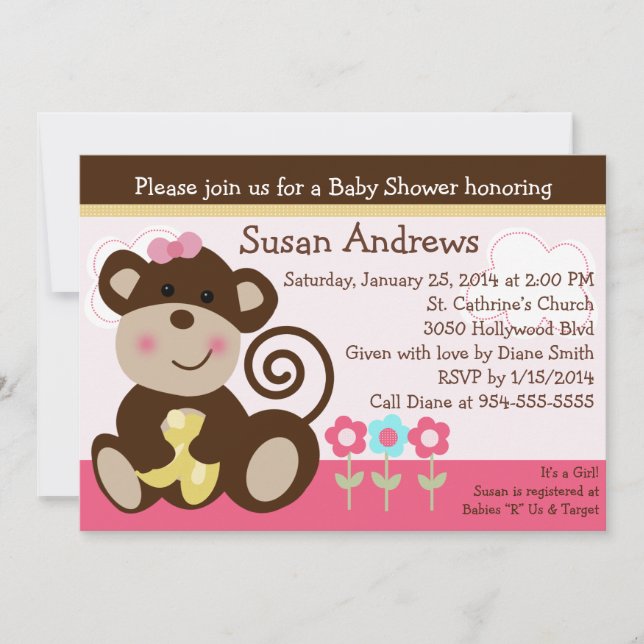 Invitation de Baby shower de singe mignonne fille (Devant)