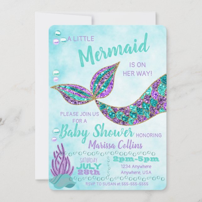 Invitation de baby shower de sirène, sous la mer (Devant)