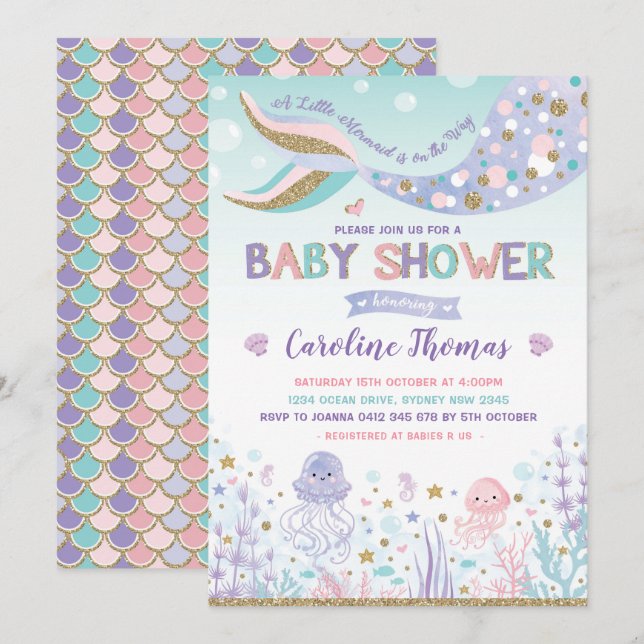 Invitation de baby shower de sirène sous la partie (Devant / Derrière)