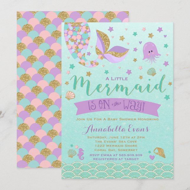 Invitation de Baby shower de sirène Turquoise Purp (Devant / Derrière)
