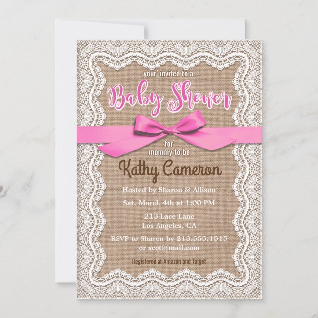 Invitation de Baby shower de toile de Burlap et de (Devant)