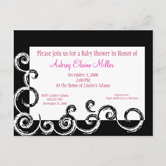 Invitation de Baby shower de tourbillon noir et bl (Devant)