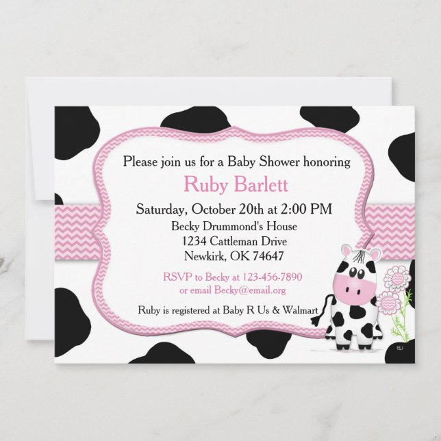 Invitation de baby shower de vache à fille avec la (Devant)