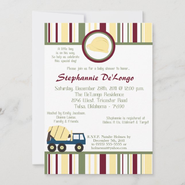 Invitation de baby shower de zone de construction (Devant)