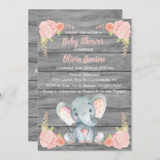 Invitation de baby shower d'éléphant de fille