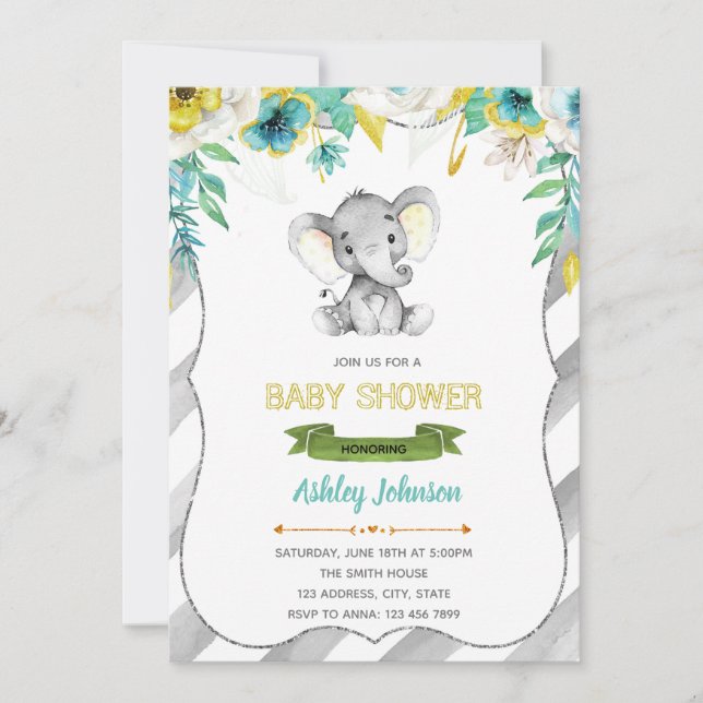 Invitation de baby shower d'éléphant de garçon (Devant)